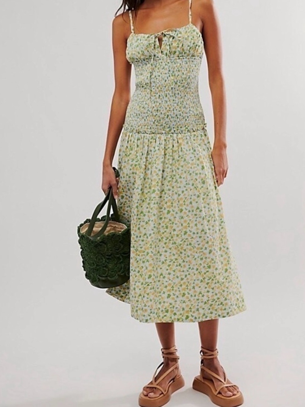 Free People Yellow Floral Smocked Midi Dress